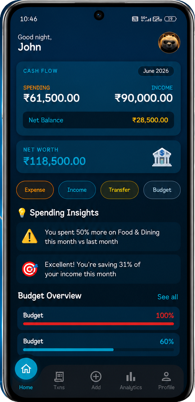 Finly app home screen showing monthly cash flow and net worth
