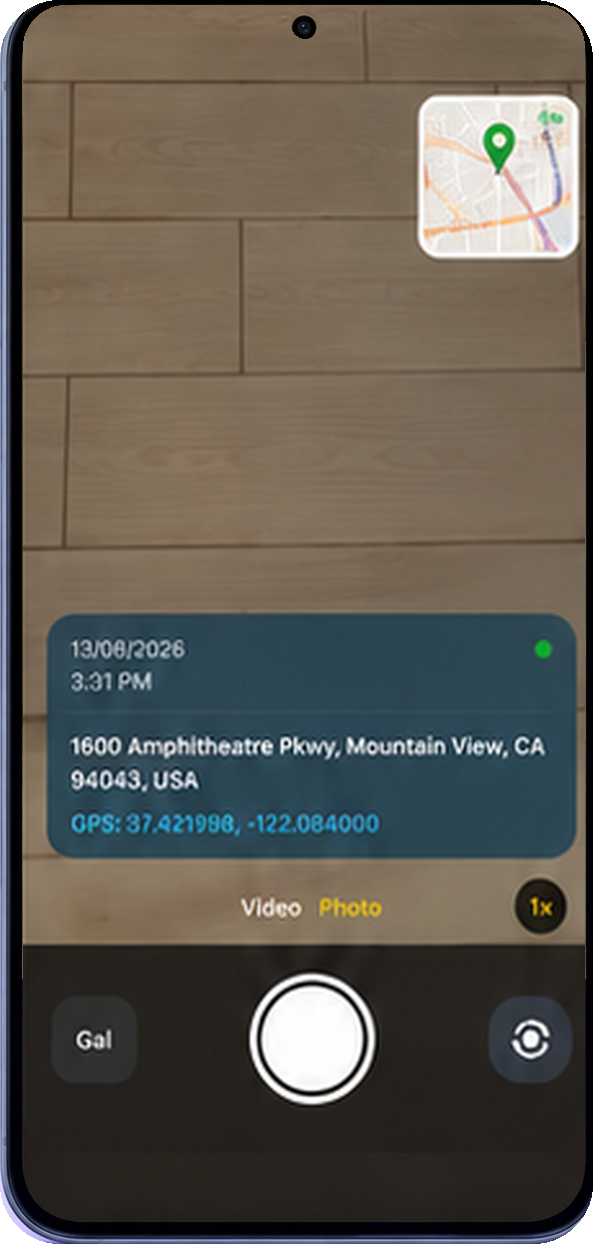 GPS Camera viewfinder showing an automatic date and time stamp on the photo