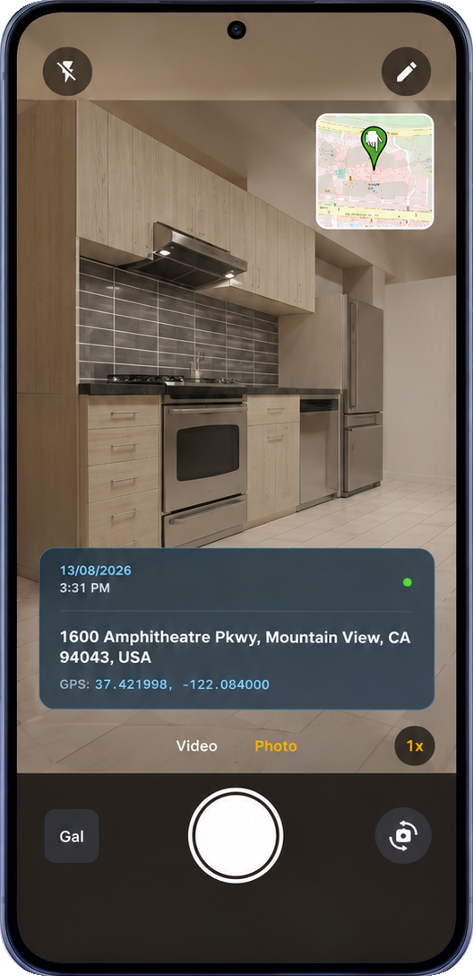 GPS Camera app screen showing a geo-tagged photo with coordinates